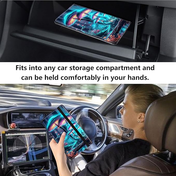 Qindaiwen Car Registration and Insurance Holder, Vehicle Card Document Elastic Band Closure Glove Box Organizer, Driver License Cards, Car Accessories for Essential Info, Colourful Mushroom 02