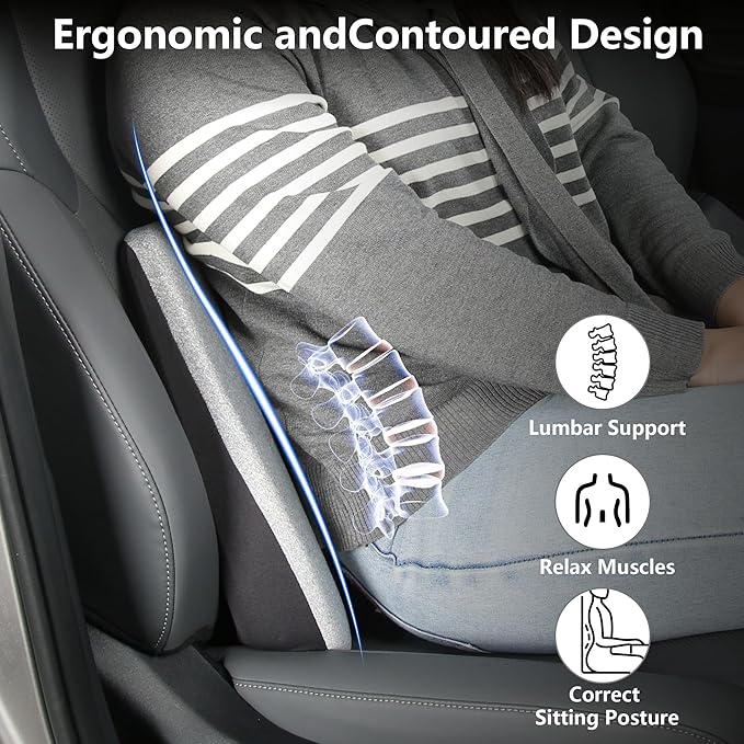 Car Seat Cushion, 2 in 1 Car Seat Cushion or Lumbar Support, Ergonomic Memory Foam Seat Cushions for Car Truck Sedan Home Office, Grey