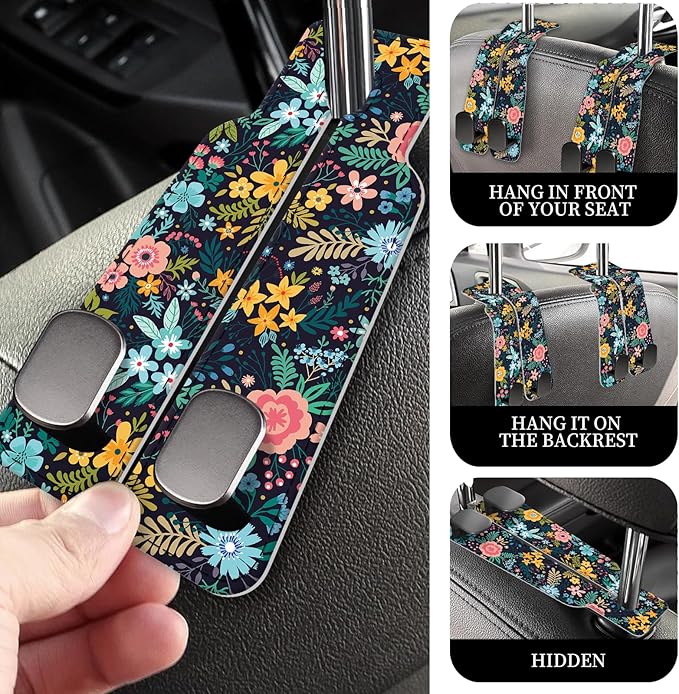 AXRQLSU PU Leather Car Seat Hook, Storage Headrest Hanger, Cute Car Backseat Organizer, Car Hooks For Purses and Bags Dark Floral Pattern