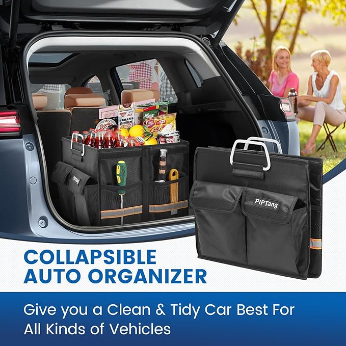 PIPTang Trunk Storage Organizer with Lid, 35cm Small 36L Collapsible Car Trunk Organizer,Small Car Organizer Aluminium Handle, Car Accessories for Sedan Auto SUV Truck Minivan Road Emergency Black