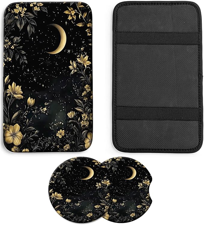 JANENFNA Car Armrest Cover Pads Universal Fashion Cute Auto Center Console Armrest Cover Pad with 2PCS Car Coasters Soft Waterproof Car Armrest Seat Protector for Women,Moon and Flowers