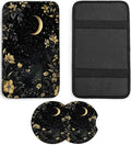 JANENFNA Car Armrest Cover Pads Universal Fashion Cute Auto Center Console Armrest Cover Pad with 2PCS Car Coasters Soft Waterproof Car Armrest Seat Protector for Women,Moon and Flowers