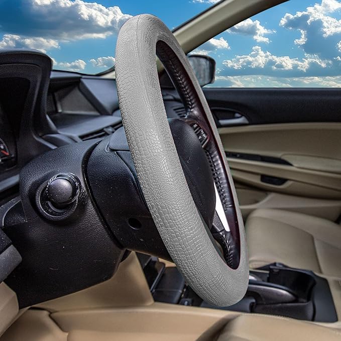FH Group Universal Fit Silicone Snake Pattern with Massaging Grip Steering Wheel Cover fits most Cars, SUVs, Trucks, and Vans Gray