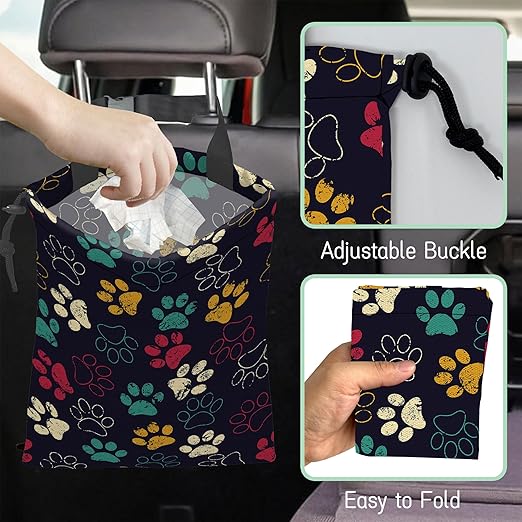 NHNXHWIA Colorful Paw Car Trash Bag,Hanging Drawstring Car Garbage Bag, Waterproof Canvas Car Back Seat Organizer with Adjustable Buckle, for Vehicles, SUVs, Camping, Road Trips