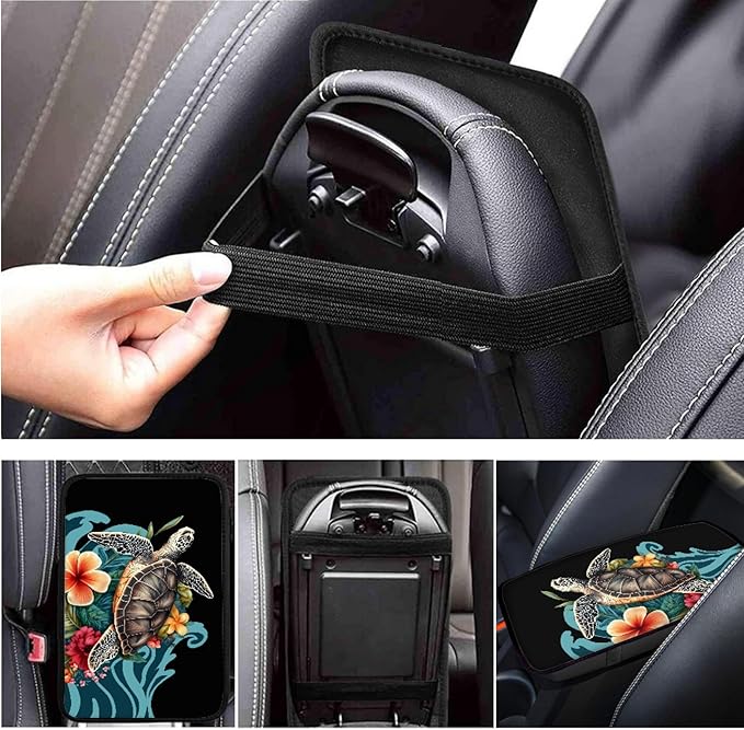Blue Sea Turtle Steering Wheel Cover Sets Flower Print Car Accessories Handbrake Cover Cup Coaster Car Interiors Decor for Men Women 6pcs