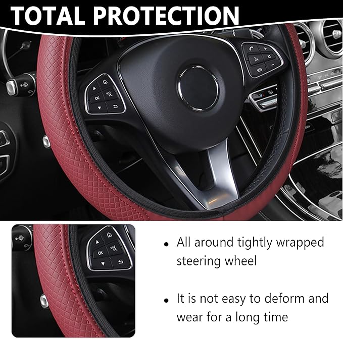 Leather Steering Wheel Cover,Anti Slip Car Steering Wheel Cover for Car Decorations & Steering Wheel Protections,Universal 15Inch Wheel Cover Car Interior Accessories for Men & Women (Burgundy)