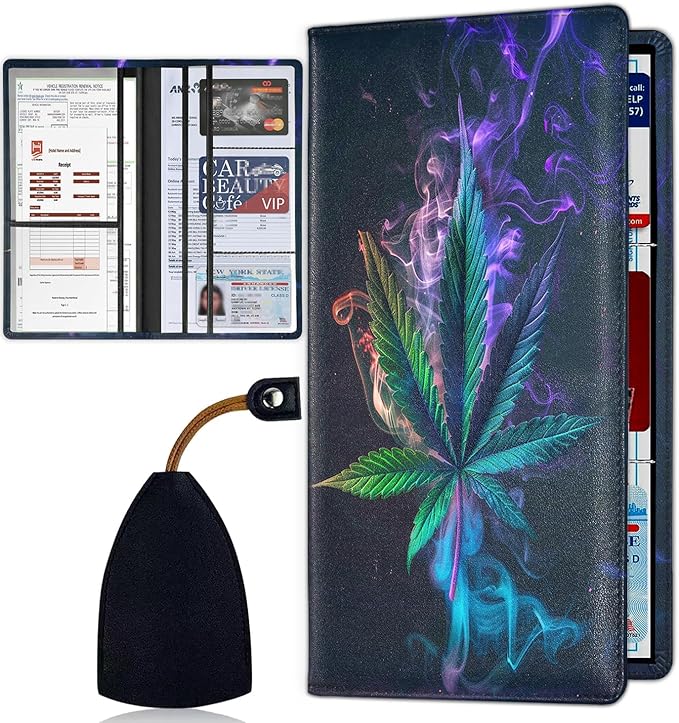 Car Registration Holder, Waterproof PU Leather Vehicle Card Document Glove Box Organizer, Women Interior Auto Accessories Case for Cards, Driver License Car Insurance Holder, Weed Leaf Pattern