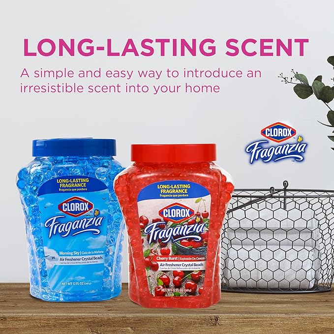 Clorox Fraganzia Crystal Beads Air Freshener, Long Lasting Room Deodorizer and Odor Eliminator Gel Beads to Freshen Home, Car, or Office, Cherry Burst Scent, 12 Fl Oz - 12 Pack