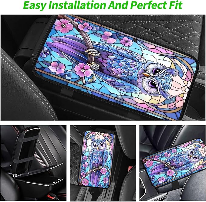 JANENFNA Car Armrest Cover Pads Universal Fashion Cute Auto Center Console Armrest Cover Pad with 2PCS Car Coasters Soft Waterproof Car Armrest Seat Protector for Women,Stained Glass Owl