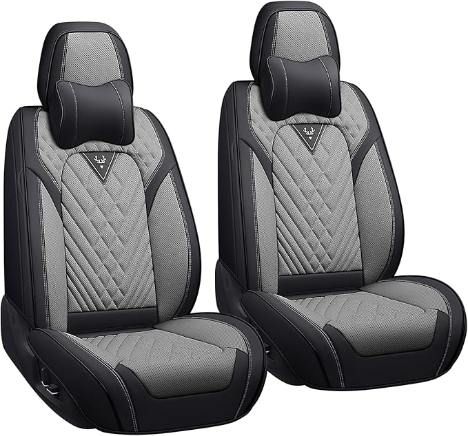 LPDK Fit for Kia Sportage Car Seat Covers Front Set 2pcs with Waterproof Leather,Lumbar Muscle Pain Healing Function,Airbag Compatible Automotive Breathable Seat Protectors(Grey Black with Pillow)