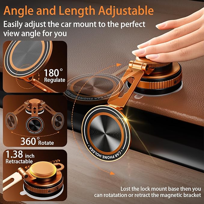 Upgraded Vacuum Magnetic Phone Holder for Car, Nano Gel Suction Cup Phone Mount for MagSafe, 108LBS Strong Suction & 3000GF Magnet, Adjustable Zinc Alloy Arm Car Mount for iPhone 17/16/15Pro Max