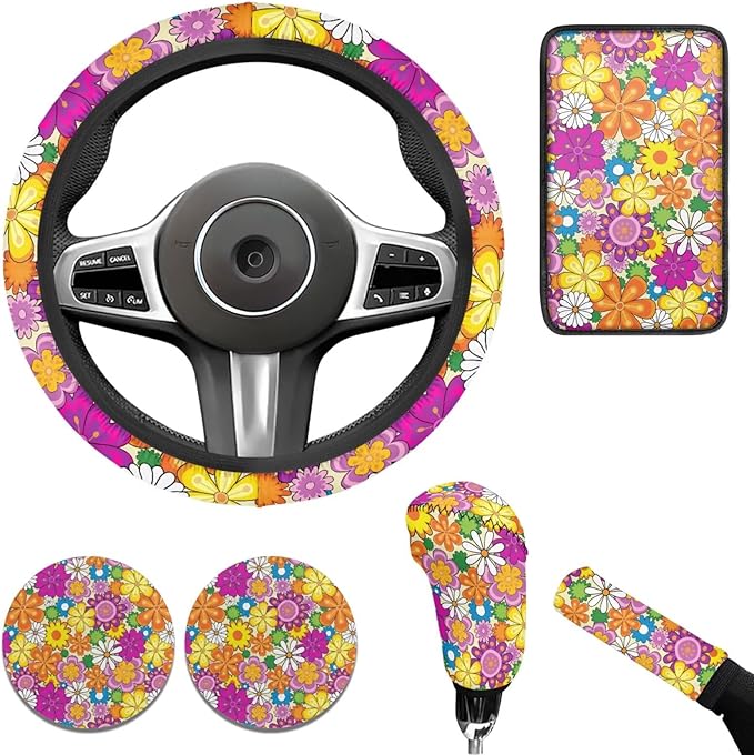 6 PCS Hippie Daisy Print Steering Wheel Cover Flower Car Armrest Cover Handbrake Coer Car Interior Sets for Men Women Fit for Trucks Vans Suvs