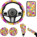 6 PCS Hippie Daisy Print Steering Wheel Cover Flower Car Armrest Cover Handbrake Coer Car Interior Sets for Men Women Fit for Trucks Vans Suvs