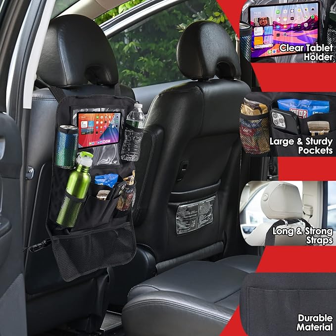 Trail maker 2 Pack Backseat Car Organizer, Kick Mats Back Seat Protector with Touch Screen Tablet Holder, Back Seat Organizer for Kids, Travel Accessories with 9 Storage Pockets
