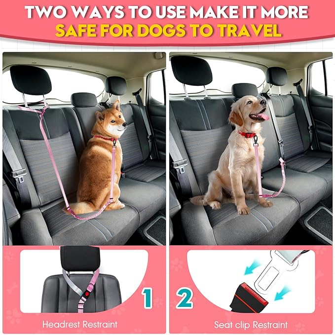 2 Piece Dog Car Seat Belt Harness Retractable Restraint for Car Headrest Adjustable Heavy Duty & Elastic & Durable Dog Car Seat Belt (Pink)