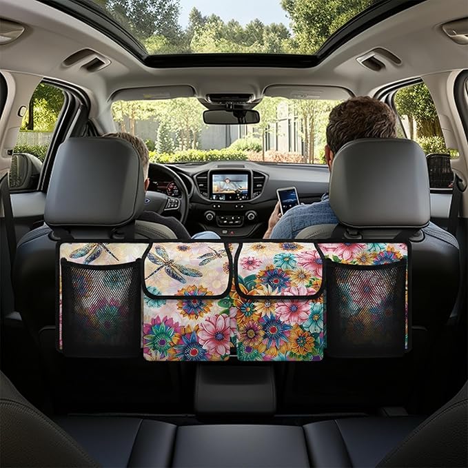 CLOHOMIN Dragonfly Car Trunk Organizer SUV Trunk Organizer Dahlia Car Backseat Storage Bag with 4 Pockets Hanging Backseat Organizer with Adjustable Straps Auto Accessories