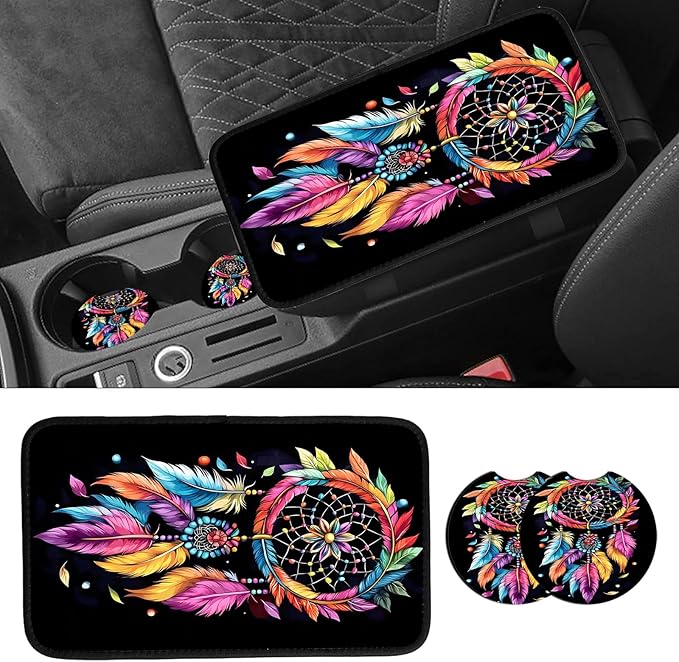 JANENFNA Car Armrest Cover Pads Universal Fashion Cute Auto Center Console Armrest Cover Pad with 2PCS Car Coasters Soft Waterproof Car Armrest Seat Protector for Women,Colorful Wind Chime