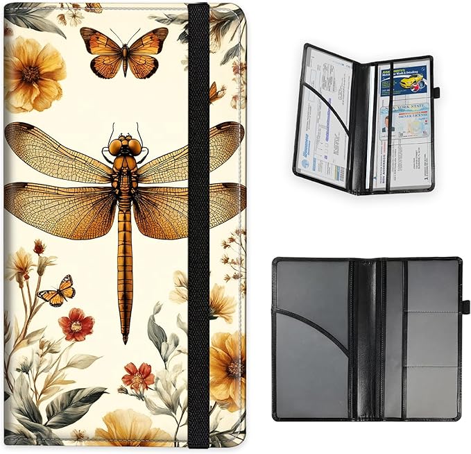 Tudguiloae Car Registration and Insurance Card Holder, Trunk Document Holder Organizer, Essential Vehicle Glove Box Organizer PU Leather Wallet for Driver,Vintage Dragonfly