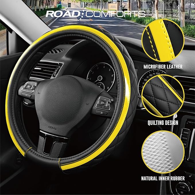 Road Comforts Leather Steering Wheel Cover – Black & Yellow, Universal Fit 14.5-15 Inch, Microfiber Leather, Anti-Slip & Breathable Design for Men and Women