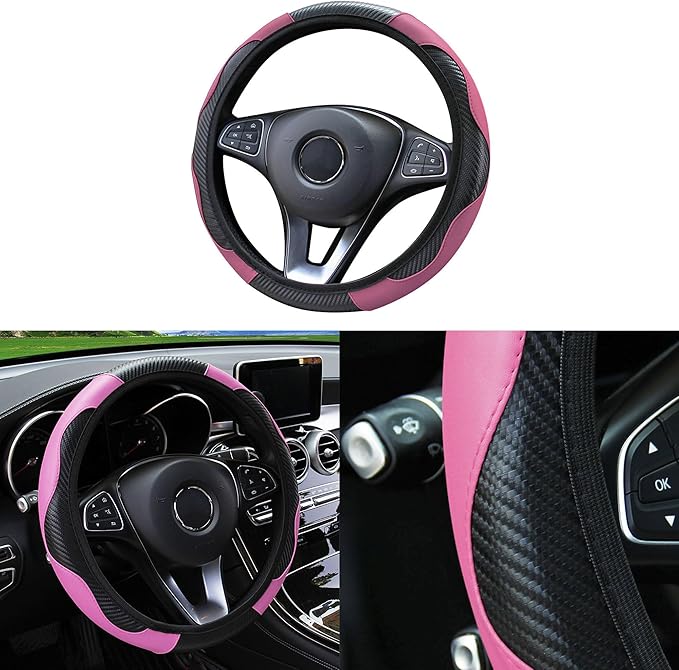 Car Steering Wheel Cover, 15 inch Carbon Fiber Microfiber PU Leather Elastic Steering Wheel Protector for Men Women, Anti-Slip Breathable Car Interior Accessories for Most Cars (Pink)