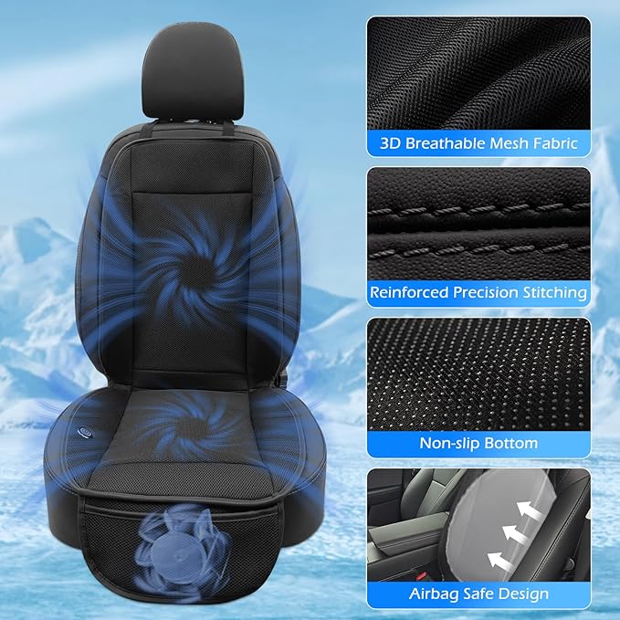 Cooling Car Seat Cushion, 12V-24V Ventilated Car Front Seat Pad with Powerful Fan, Breathable Mesh, 3-Speed Adjustable Airflow, Universal Fit for Cars, SUVs, Trucks, Vans