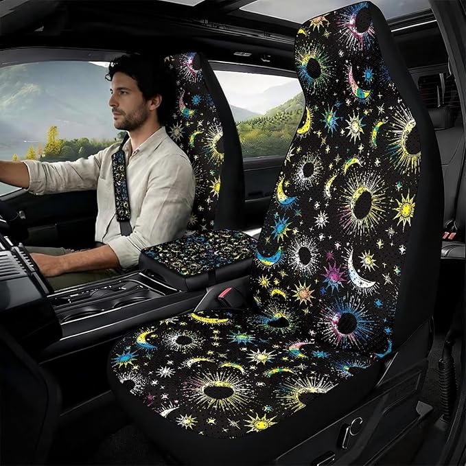 Qeluxign Auto Seat Covers with Car Center Console Cover, Colorful Moon Star Belt Cover PU Leather Breathable Full Set Bucket Seat Covers, Pack of 5, Universal Fit for Sedan,SUV
