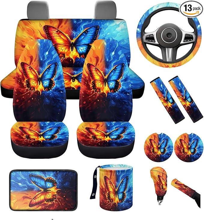 Dngkaoje Butterfly Car Seat Covers Full Set for Front and Rear 13 Pack Colorful Butterfly Auto Interior Accessories Set Womens Girly Center Console Cover,Hanging Trash Bag,Seatbelt Shoulder Pads