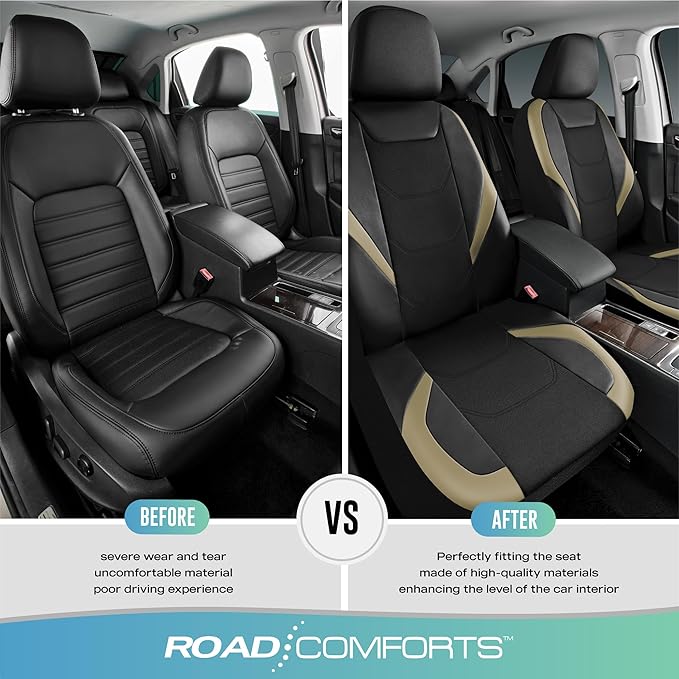Road Comforts Car Seat Cover, Leather Mesh Front Seat Cover, Universal Fit for Most Cars, SUVs, Trucks, and Vans, Airbag Compatible - Beige