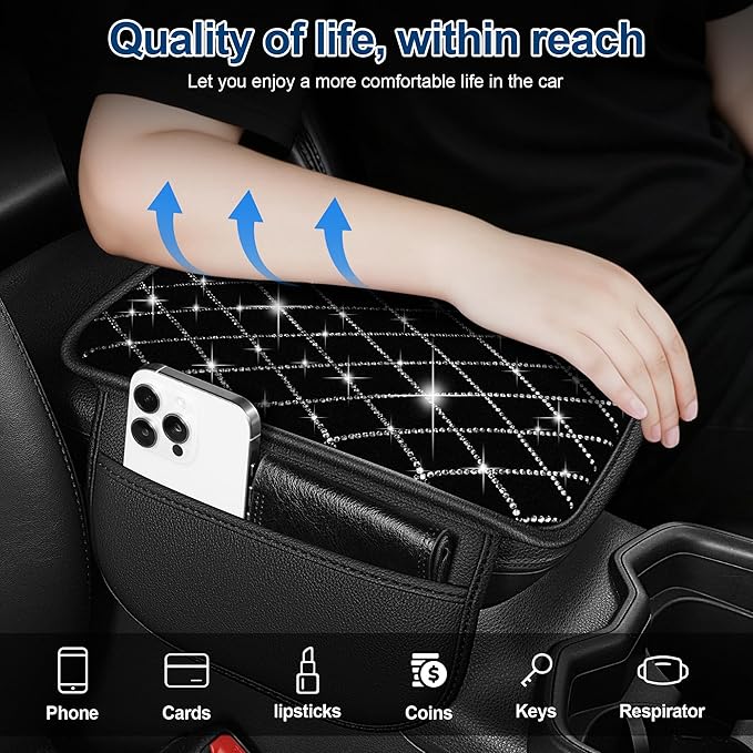 Armrest Cover with 2 Storage Bags Fit for VW/Volkswagen Taos Faux Leather Car Center Console Cover with DiamondStorage Box Waterproof Arm Rest Covers(Black)