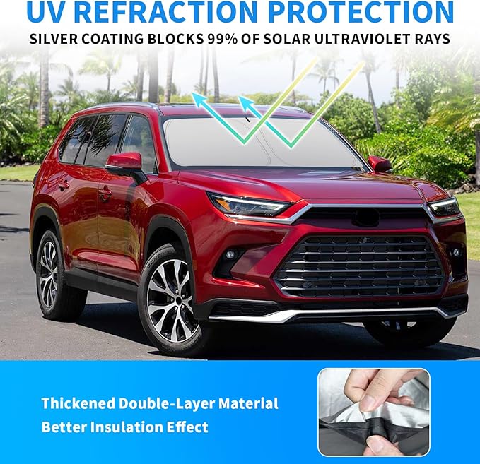 Thickened 2-Layer Front Windshield Sun Shade Compatible for Grand Highlander 2024–Present, Foldable Custom Fit Sunshade Blocks 99% Heat, Keeps Car Interior Cool (for Grand Highlander 2024–Present)