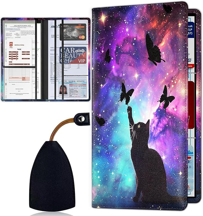 Car Registration Holder, PU Leather Vehicle Card Document Glove Box Organizer, Women Interior Auto Accessories Case for Cards, Driver License Car Insurance Holder, Cat Galaxy With Butterfly's