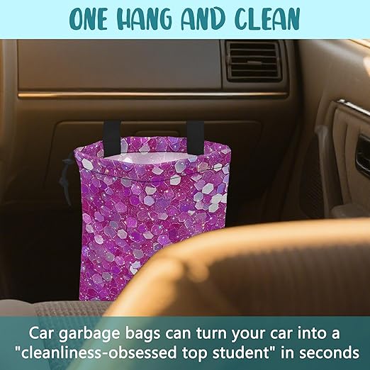 KXWQTRDD Car Garbage Bag Pink and Purple Hexagonal Hanging Canvas Car Trash Bag Drawstring Car Back Seat Organizer for Car Back Front Seat Console with Adjustable Buckle