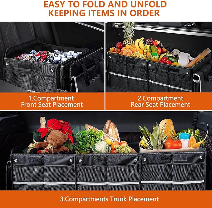 Car Trunk Organizer with Insulated Cooler Bag, Foldable & Waterproof Storage Organizer with Lid for SUV, Truck, Sedan - 4 Large Adjustable Compartments, Heavy Duty & Collapsible Design
