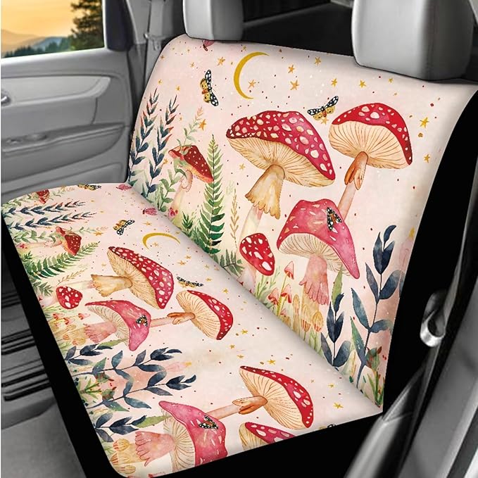 Dngkaoje Mushroom Car Seat Covers Full Set 13 Pcs Butterfly Mushroom Hanging Trash Bag,Seatbelt Pads,Universal Auto Front and Rear Split Bench Seat Covers Set,Auto Seat Accessories