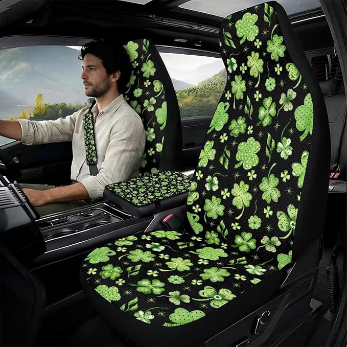 Oramclsy Shamrock Print Heavy Duty Car Seats Seat Covers with Universal Armrest Pad PU Breathable Seat Belt Covers 6 Pack Set St Patricks Day Accessories