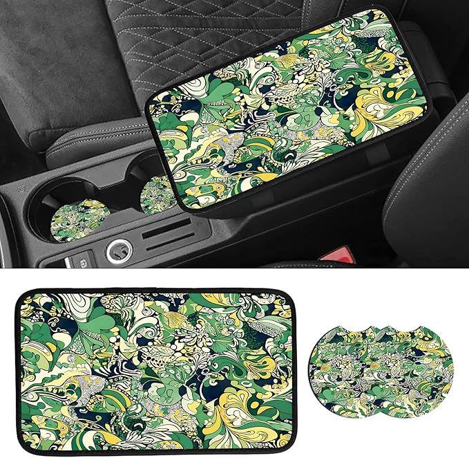 JANENFNA Car Armrest Cover Pads Universal Fashion Cute Auto Center Console Armrest Cover Pad with 2PCS Car Coasters Soft Waterproof Car Armrest Seat Protector for Women,Spiral Flower