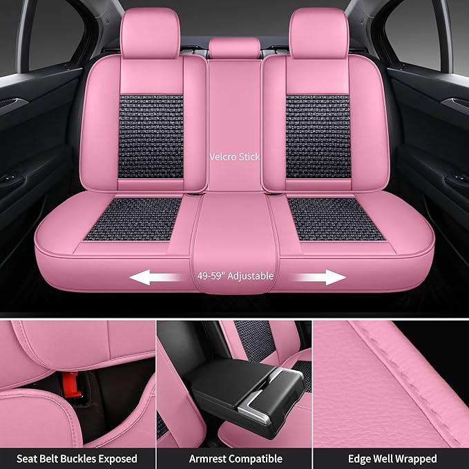 HighnessHwoo Luxury Car Seat Covers Full Set, Breathable Faux Leather Car Seat Protector, Dog Child Kids Summer Ventilated Seat Cushion for Front & Back Seats, Universal (Pink Black, 5 Seats)