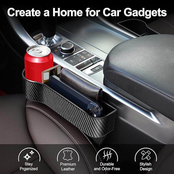 LEYACS Car Seat Gap Filler, Premium Leather Car Seat Gap Filler Organizer with Cup Holder, Car Seat Organizer with Two Seat Hooks, Can Hold Cell Phone, Keys, Cards, Canned Drinks - 2 Pack, Black