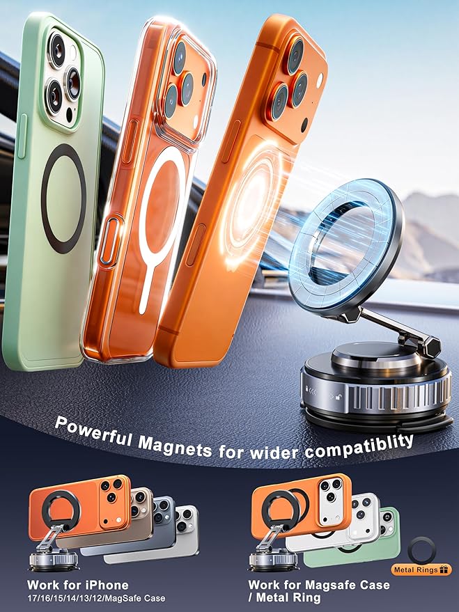2026 Upgraded Car Phone Holder for Magsafe [108LBS Strongest Suction] 360° adjustable vacuum magnetic phone holders, cell phone car mount for iPhone 17 Pro Max 16 15 14 13 Air Plus (Rose Gold)