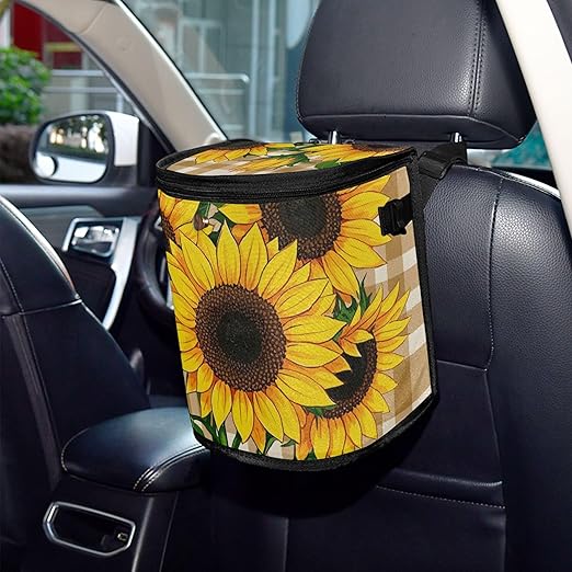 MNSRUU Car Trash Can with Lid, Sunflowers on A Plaid Car Trash Bag Hanging Organizers and Storage for Front Back Seat, Leak-Proof Trash Bin