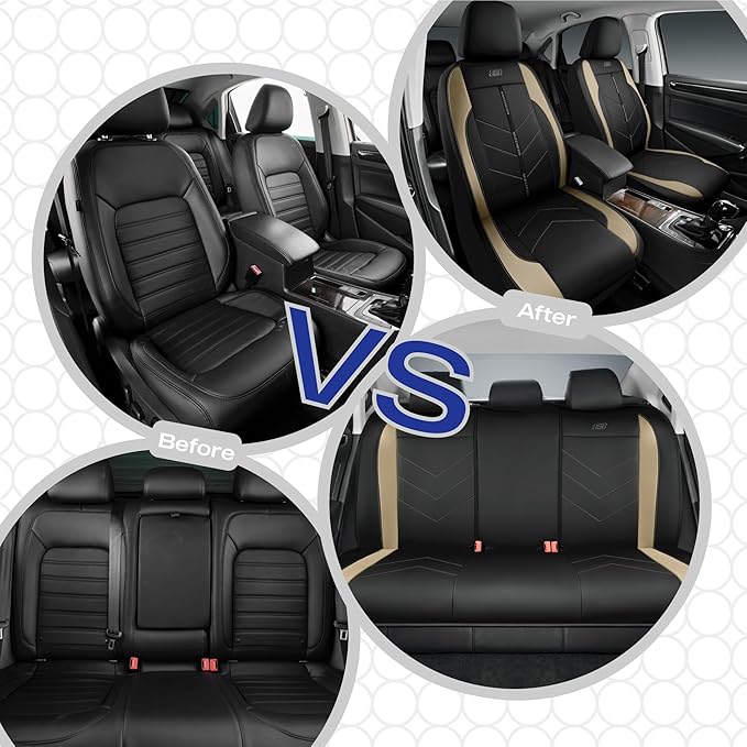 Skechers Car Seat Covers,Luxury Faux Leather Seat Covers,Waterproof Anti Slip Car Seat Protector Front Seats,Car Accessories Airbag Universal Fit for Most Cars,Vans,Trucks,SUV,Beige