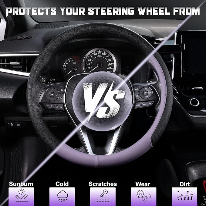 SEG Direct Steering Wheel Cover for 14.5-15 inch Wheels, Breathable PU Leather with Perforated Sides, Anti-Slip Grip, Universal Fit for Cars & SUVs, Black and Light Purple