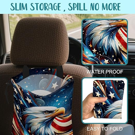 KXWQTRDD Car Garbage Bag American Flag and Bald Eagle Drawstring Car Trash Bag Hanging for Back Seat with Adjustable Buckle Canvas Vehicle Trash Can Easy-to-Install
