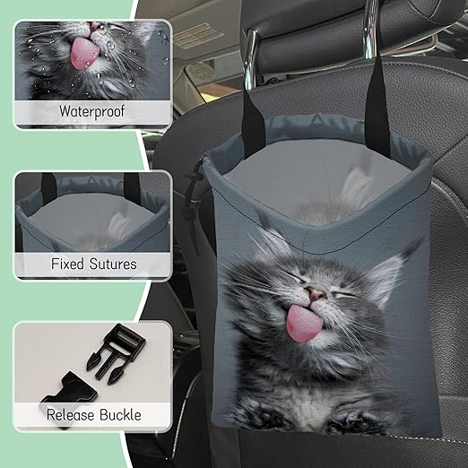 NHNXHWIA Adorable Cat Car Garbage Bag,Kitten Yawning Waterproof Small Car Trash Bag Hanging Back of Seat,Drawstring Hanging Car Trash Bag with Adjustable Buckle for Car Accessories