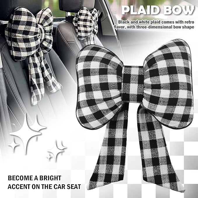 2026 New Bow Car Neck Pillow,Stylish Car Headrest Pillow with Black & White Check for Cars Decorations,Breathable Comfortable Neck Pillows for Cars as Halloween