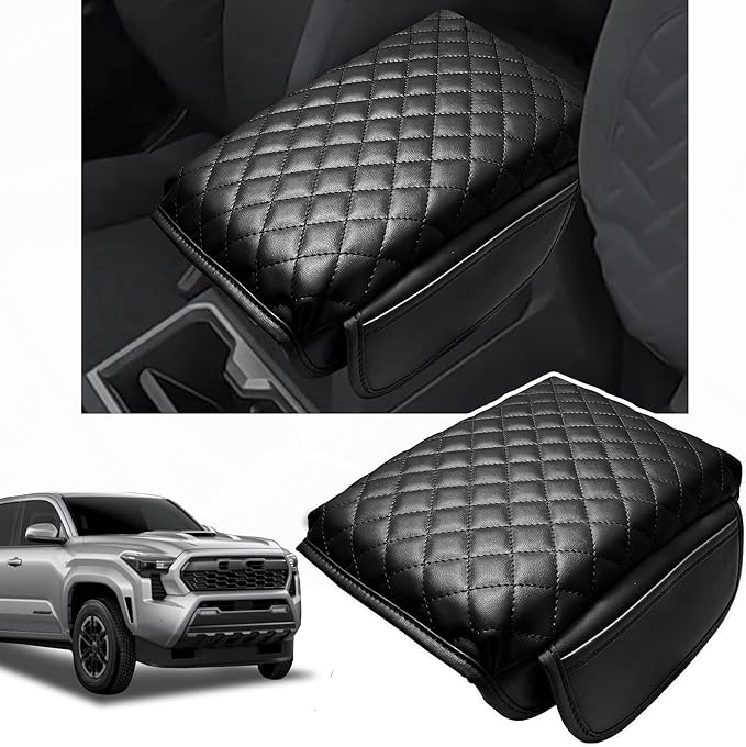 SENSHINE 1.2in Thickness Center Console Cover for Tacoma Accessories 2024 2025 2026 Armrest Cover Leather Armrest Box Lid Protector Cushion Pad with Pockets Interior (Black Stitch)
