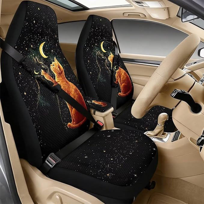 Oramclsy Cat Heavy Duty Car Seat Cover Set Star Armrest Pad + PU Breathable Seat Belt Pad Essential Car Accessories