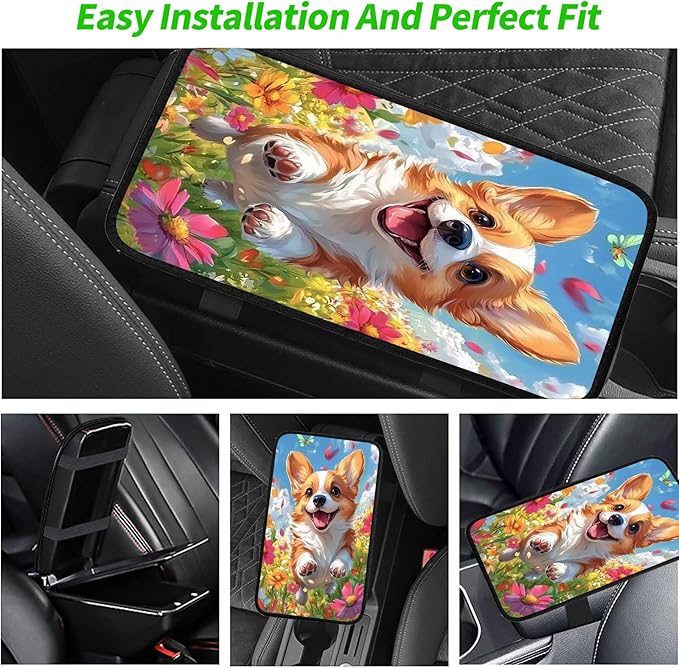 JANENFNA Car Armrest Cover Pads Universal Fashion Cute Auto Center Console Armrest Cover Pad with 2PCS Car Coasters Soft Waterproof Car Armrest Seat Protector for Women,Cute Puppy