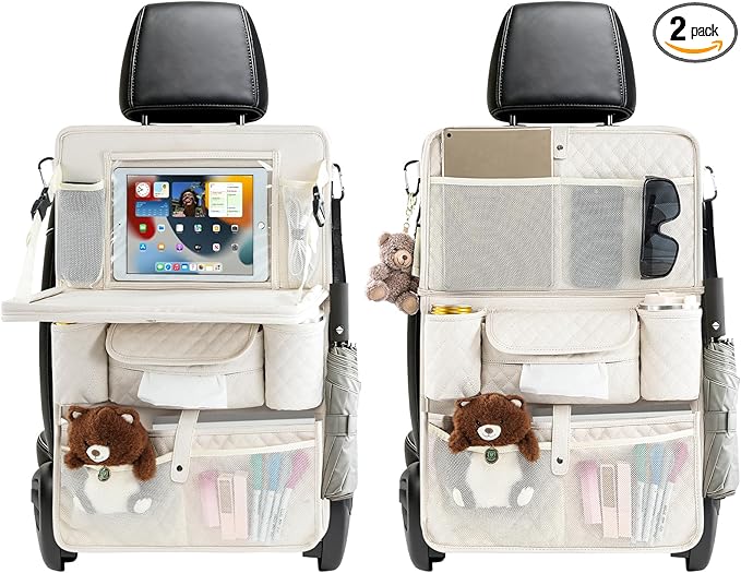 Rosynee Car Backseat Organizers 2 Pack with Foldable Trays - PU Leather Back Seat Organizers with 11 Storage Pockets, Tablet Holders, Seat Back Protectors for Kids Family Travel Accessories (Beige)