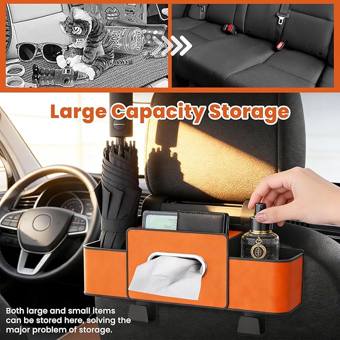 ROVIA Multifunctional 3‑in‑1 Car Seat Back Storage Box Organizer with Cup Holders, Tissue Box Slot & Headrest Hooks – Backseat Car Organizer for Phones, Snacks, Drinks, Bags, Travel Storage (White)